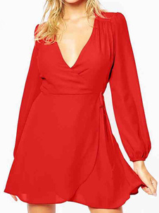 Chic robe skater mode en chiffon rouge unicolore avec lacets col V