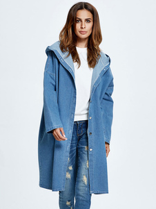 Éblouissant manteau femme en denim unicolore avec poches ouverture avant à capuche