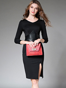 Belle robe bodycon en polyester noir col V unicolore PU