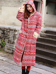 Chic manteau femme en polyester impression avec poches à capuche