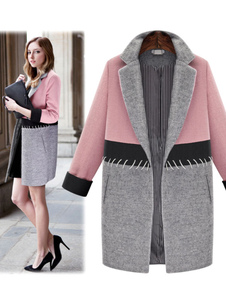 Magnétique manteau femme en laine mélangée rose color-block tissé col à revers