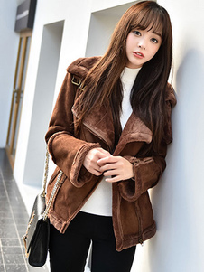 Éblouissant manteau femme en polyester marron foncé unicolore avec poches col à revers