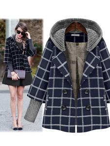 Populaire manteau femme en polyester bleu marine foncé écossais avec bouton croisé à capuche