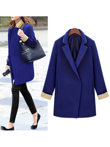 Adorable manteau femme en polyester bleu color-block fendu col à revers