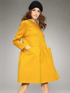 Attrayante robe droite mode en coton mélangé jaune unicolore surdimensionné avec poches col rond
