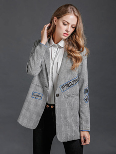 Magnétique manteau en coton mélangé gris imprimé lettres avec poches convenable col à revers