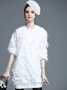 Blanc T-shit plume Fringe manches longues bijou cou causale robe pour femmes
