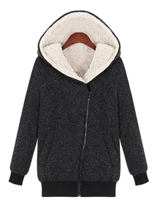 Beau manteau femme en coton mélangé gris foncé unicolore avec poches vêtements journaliers à capuche