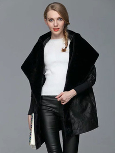 Énigmatique manteau en PU noir unicolore en fausse fourrure surdimensionné col à revers