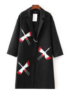 Éblouissant manteau en coton mélangé noir motifs d'animaux Pendentif Oiseaux col à revers