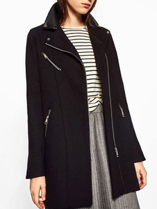 Chic manteau femme Laine de plaine noir unicolore avec zip et zip avant col à revers