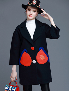 Fascinant manteau Laine de plaine bleu marine foncé unicolore avec bouton surdimensionné col à rever