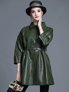 Fascinant manteau en PU unicolore avec lacets et ceinture col à revers