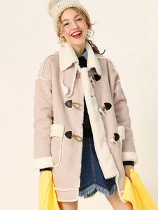 Énigmatique manteau en polyester abricot bicolore avec bouton surdimensionné col à revers