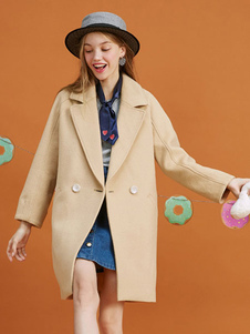 Beau manteau femme Laine de plaine marron clair unicolore avec poches fendu col à revers