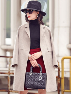 Éblouissant manteau en laine mélangée kaki unicolore avec ceinture vêtements journaliers col à rever