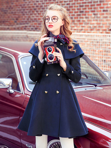 Éblouissant manteau Laine de plaine bleu marine foncé unicolore avec peplum et col col à revers