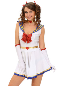 Blanc école Sexy Girl Costume Halloween Nerd féminin rayé Outfit jupe volant en 5 pièces