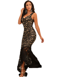 Robe longue noir en dentelle unicolore avec dentelle à bretelles