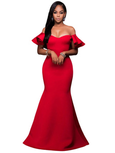 Robe longue rouge en polyester unicolore à volants col V