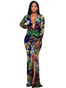 Robe longue bleu foncé en polyester impression fendu col V