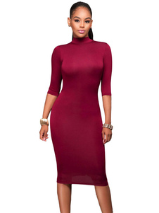 Belle robe bodycon en polyester bordeaux col roulé unicolore à dos décolleté