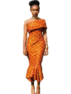 Fascinante robe bodycon en polyester orange à une épaule impression et volants