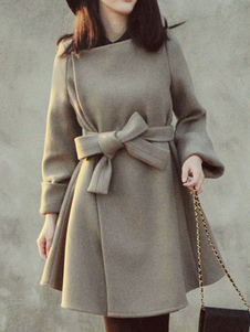 Adorable manteau en polyester unicolore avec ceinture coupe asymétrique col rond