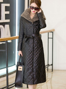 Attrayant manteau en PU bicolore en fausse fourrure convenable col à revers