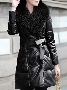 Chic manteau femme en PU noir unicolore avec ceinture croisé col à revers