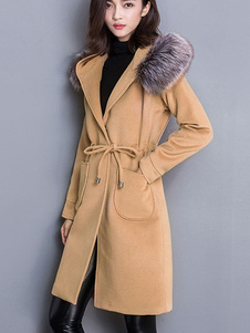 Attrayant manteau Laine de plaine unicolore avec ceinture convenable à capuche