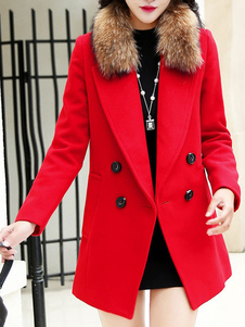 Populaire manteau Laine de plaine unicolore en fausse fourrure croisé col à revers