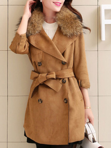 Chic manteau femme en suédé unicolore avec ceinture croisé col à revers