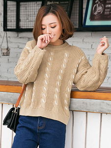 Populaire pull-over féminin doux vert unicolore fendu coupe asymétrique manches longues