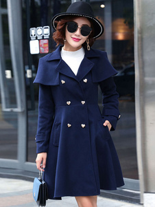 Beau manteau femme en polyester bleu unicolore avec bouton croisé col à revers