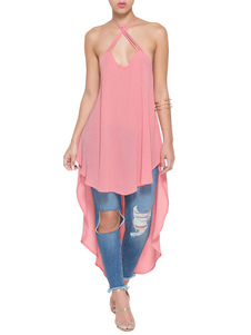 Blouse mode en chiffon rose unicolore croisé devant court et derrière long