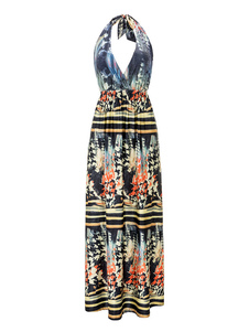 Robe longue noir en polyester impression réglable imprimé fleuri à licou