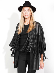 Beau manteau femme en PU noir unicolore avec frange surdimensionné col rond