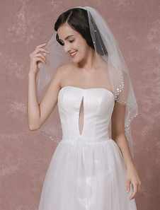 Mariage de deux niveaux voile Tulle bord perlé cascade Bridal Veil