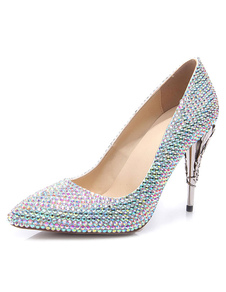 Chaussures de mariage à talons en PU bleu unicolore avec strass mocassin