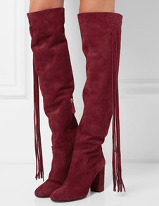 Cuissardes belles à talons épais en tissu de terry bordeaux unicolore Zip avec frange en cuir