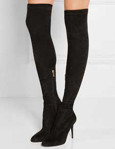 Cuissardes chic à talons aigus en tissu élastique noir unicolore Zip avec zip en cuir