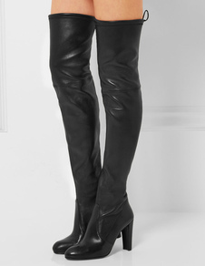 Cuissardes chic à talons épais en PU noir unicolore en cuir