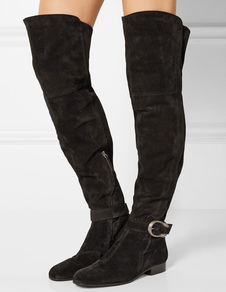 Cuissardes à talons chiots en tissu de terry noir unicolore Zip avec bouton en cuir