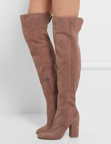 Cuissardes à talons épais en tissu de terry brun foncé unicolore Zip en cuir