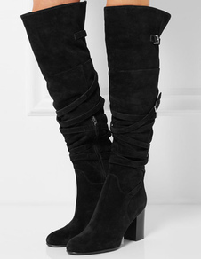 Cuissardes chic à talons épais en tissu de terry noir unicolore élastique avec boucle