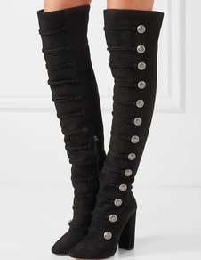 Cuissardes belles à talons épais en tissu de terry noir unicolore Zip avec bouton