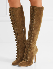 Bottes à talons aigus en tissu de terry Brun unicolore avec bouton