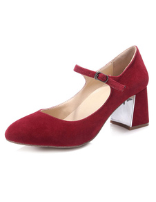 Escarpins à talons bobines en micro daim rouge unicolore Mary Janes et semelle caoutchouc