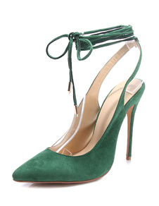 Chaussures à talons à talons aigus en cuir suédé vert unicolore ruban aux chevilles en cuir